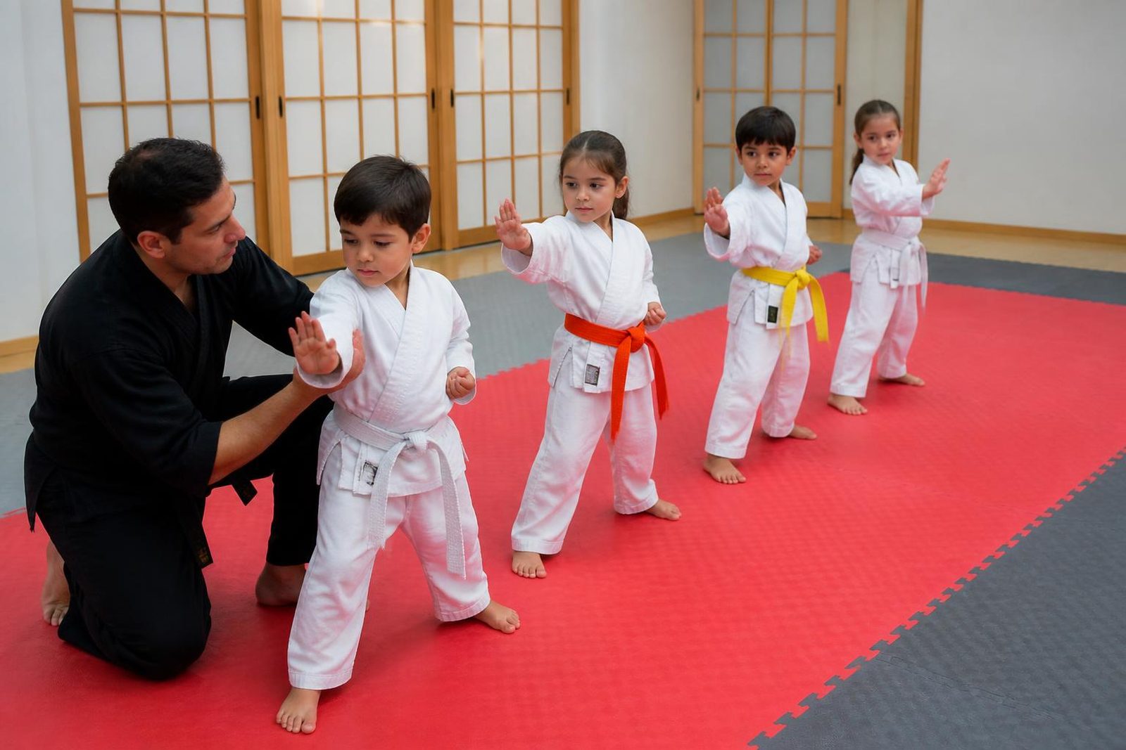 An instructor supervising Is Your Little One students closely during class at Go No Sen Karate in Peekskill