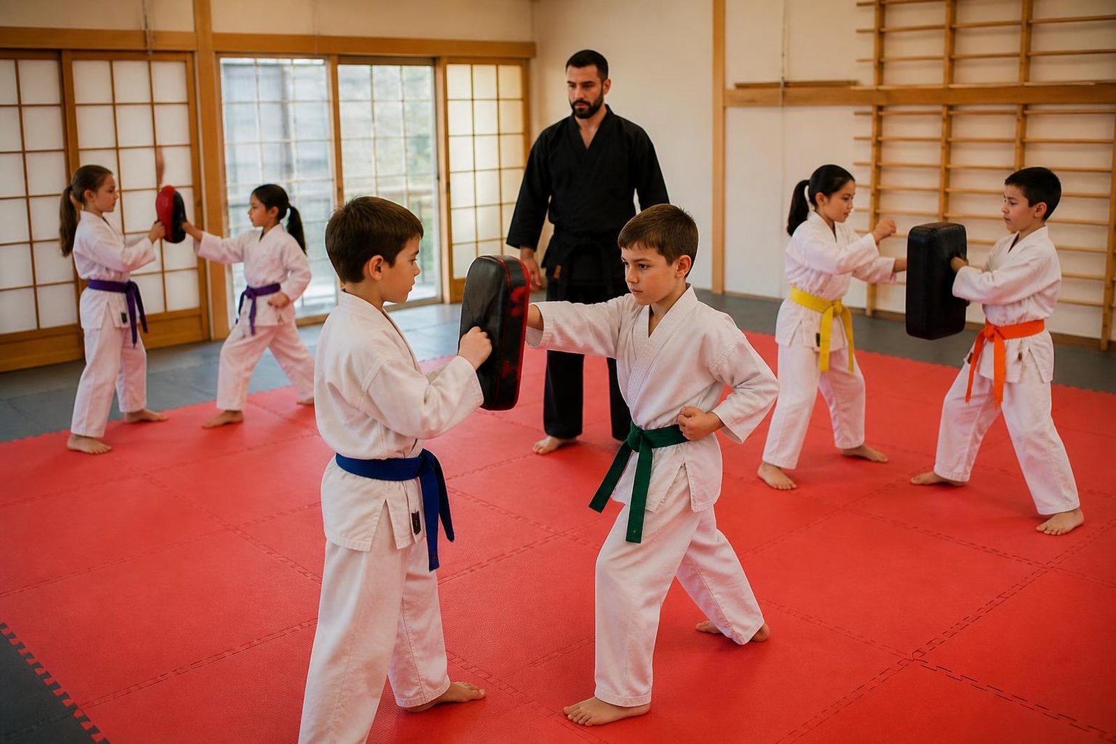 An instructor supervising Is Your Child students closely during class at Go No Sen Karate in Peekskill