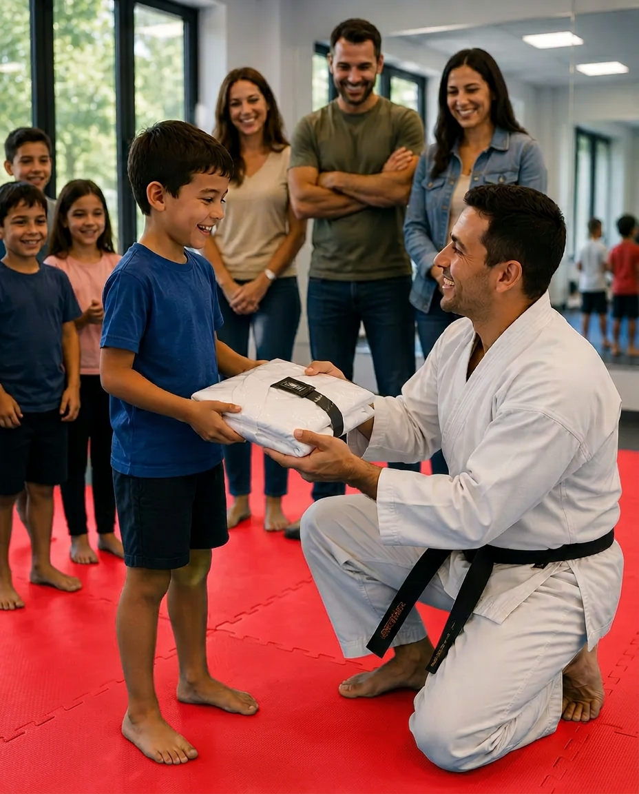 Instructor handing a free uniform to a smiling birthday guest as parents look on